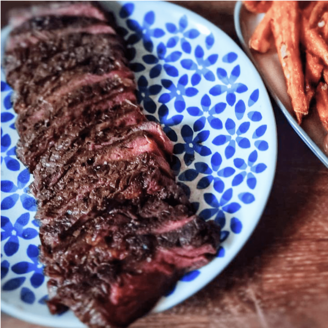 bison ribeye slices on a plate